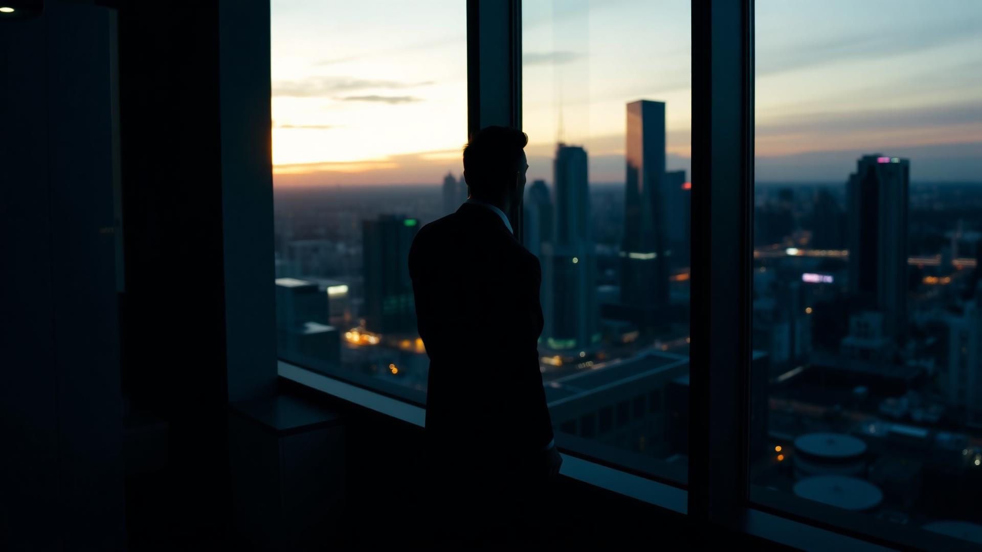 Professional looking out over a city skyline at dusk